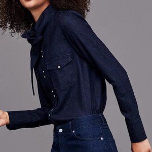 Zara Premium Denim Button Up with Bow Pearl Buttons
